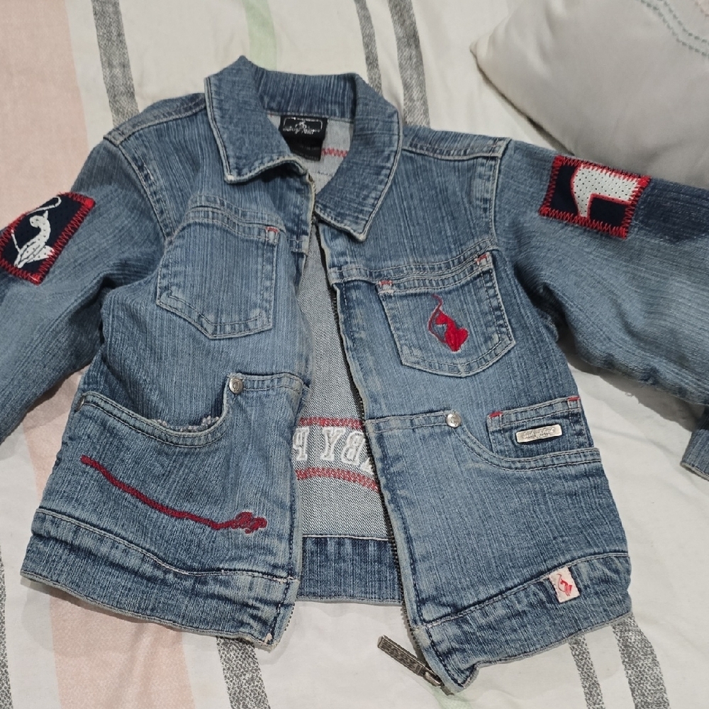 Baby Phat Blue and Red Jean Jacket with Decorative Patches